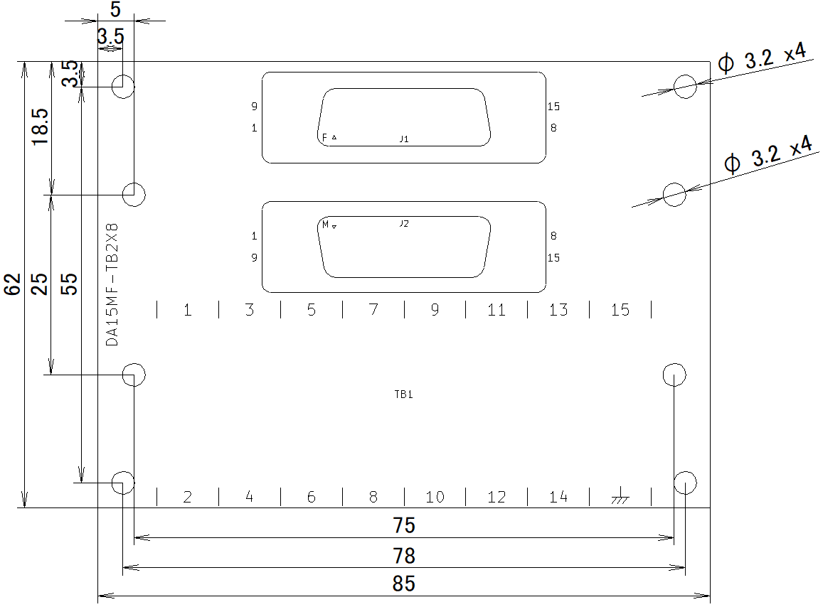 DA15MF-TB2X8の外形寸法図