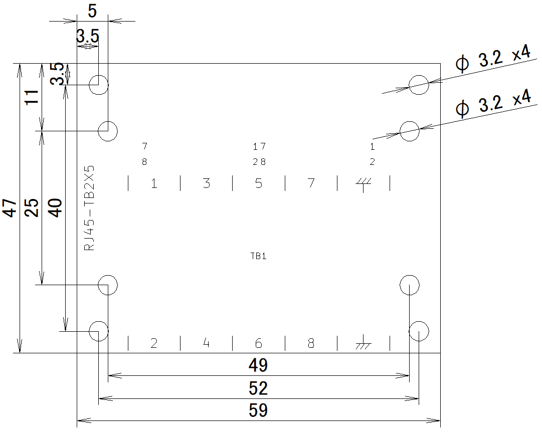 RJ45-TB2X5の外形寸法図