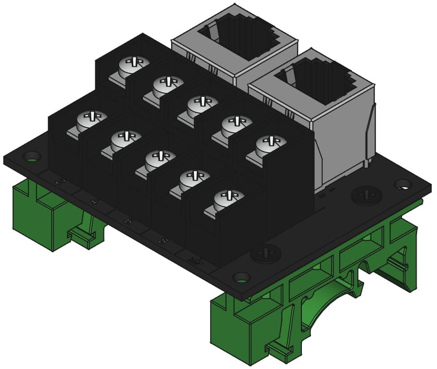 din-assembly RJ45-TB2X5をDINレール取付けする際の組立完成図